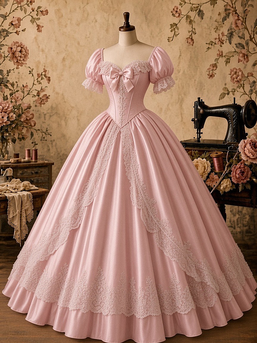 A candy-blush pink satin ball gown mixing a sweetheart bodice with a center bow and lace-cuff puff sleeves, a pointed V-waist, and a full skirt with white lace swags and a floral lace hem, on a cream dress form in Sofia's sewing room