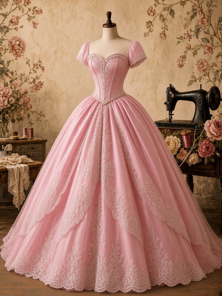 A blush-pink lace ballgown with delicate cap sleeves on a dress form in Sofia's sewing room, beside her vintage sewing machine and roses